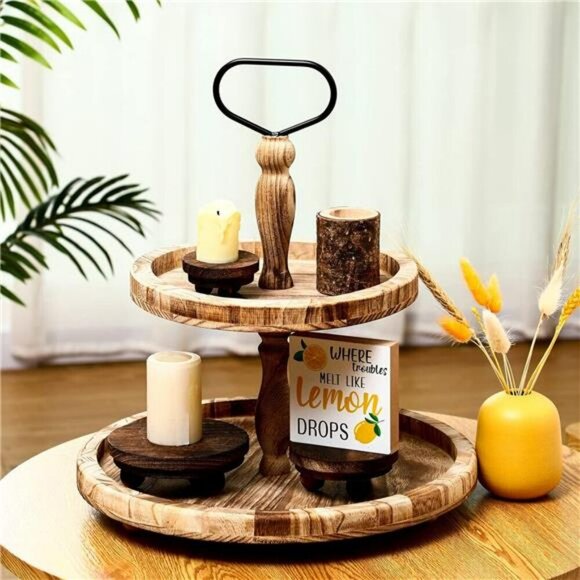 Wood Pedestal Risers Set Rustic Round Mini Stands Tiered Tray Farmhouse Decor - Picture 3 of 8